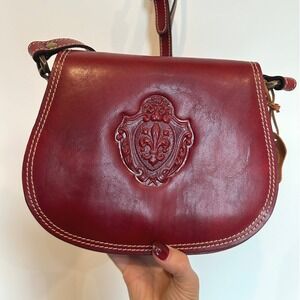 Florence Made in Italy Leather Crossbody Bag Burgundy Embossed Fleur de Lis